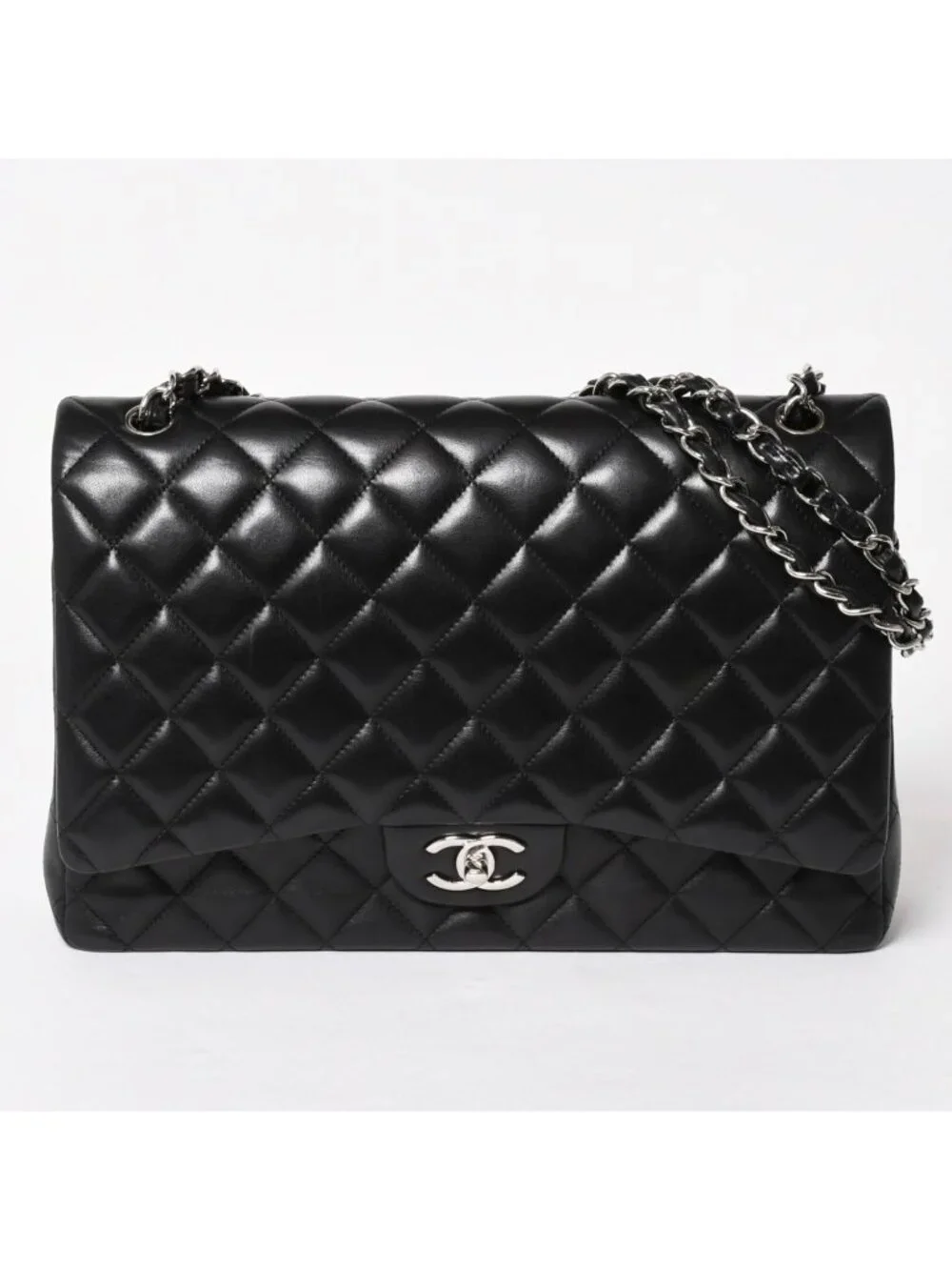 Chanel Maxi Quilted 33 Double Flap Chain Shoulder Bag CC Logo Lambskin Black